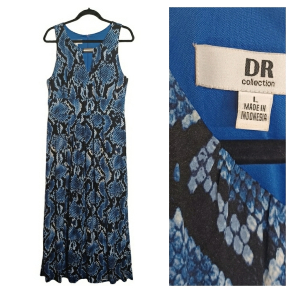 DR COLLECTION Blue Snakeskin Reptile Print Black Sleeveless Maxi Dress Large